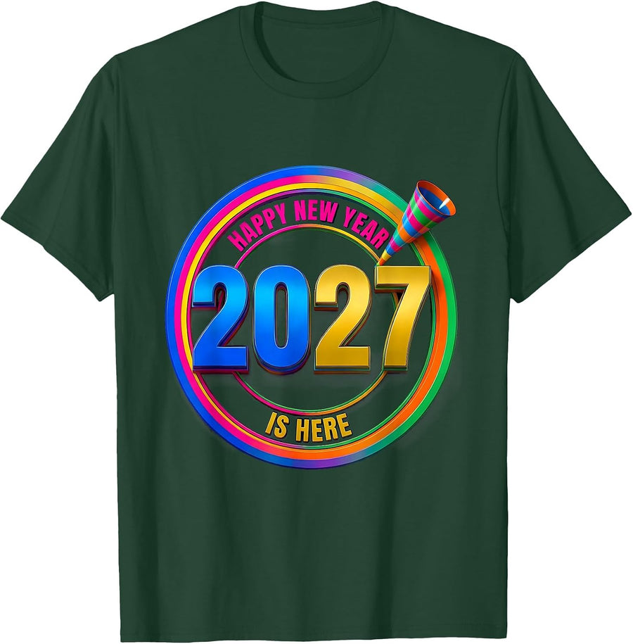 Men's Happy New Year 2027 Is Here Colorful Party Host Family T-Shirt - Dark Green