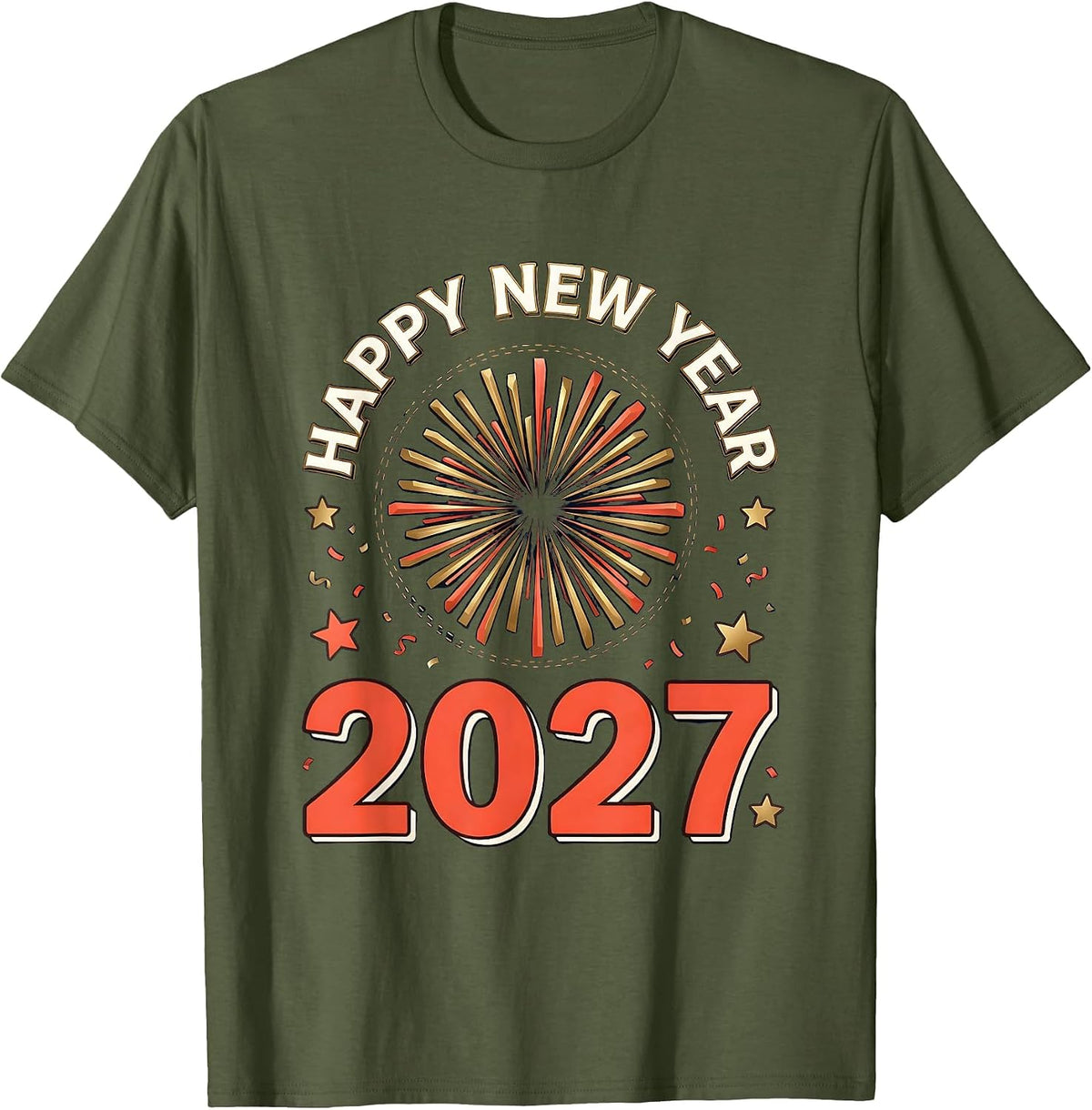 Men's Happy New Year 2027 Symmetrical Fireworks Party Keepsake T-Shirt - Olive Green