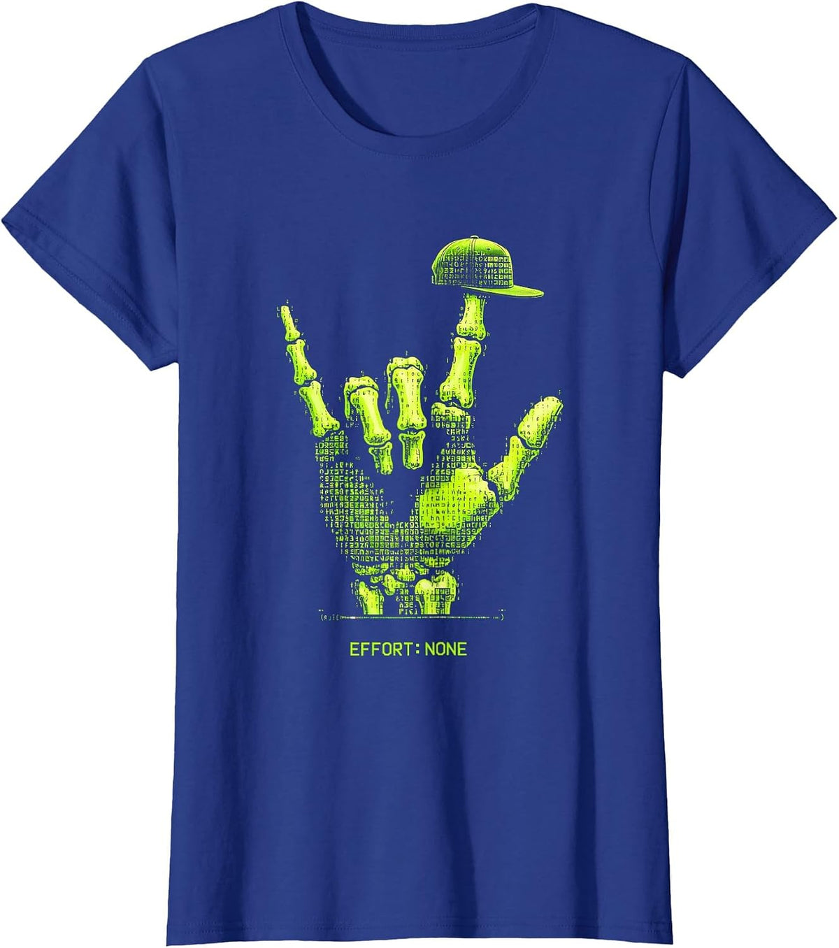 Women's Effort: None Ascii Terminal Art Skeleton Rock On Bruh T-Shirt - Royal Blue