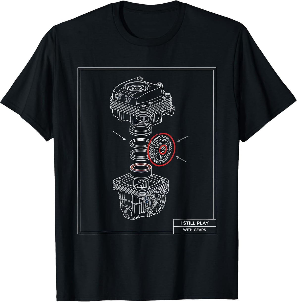 Men's I Still Play With Gears Technical Blueprint Mechanic Engine T-Shirt - Black