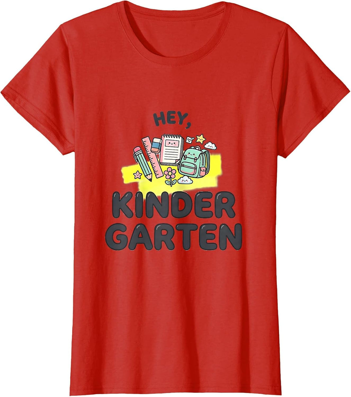 Women's Hey, Kindergarten Kawaii Doodle Back To School Teacher Kids T-Shirt - Red
