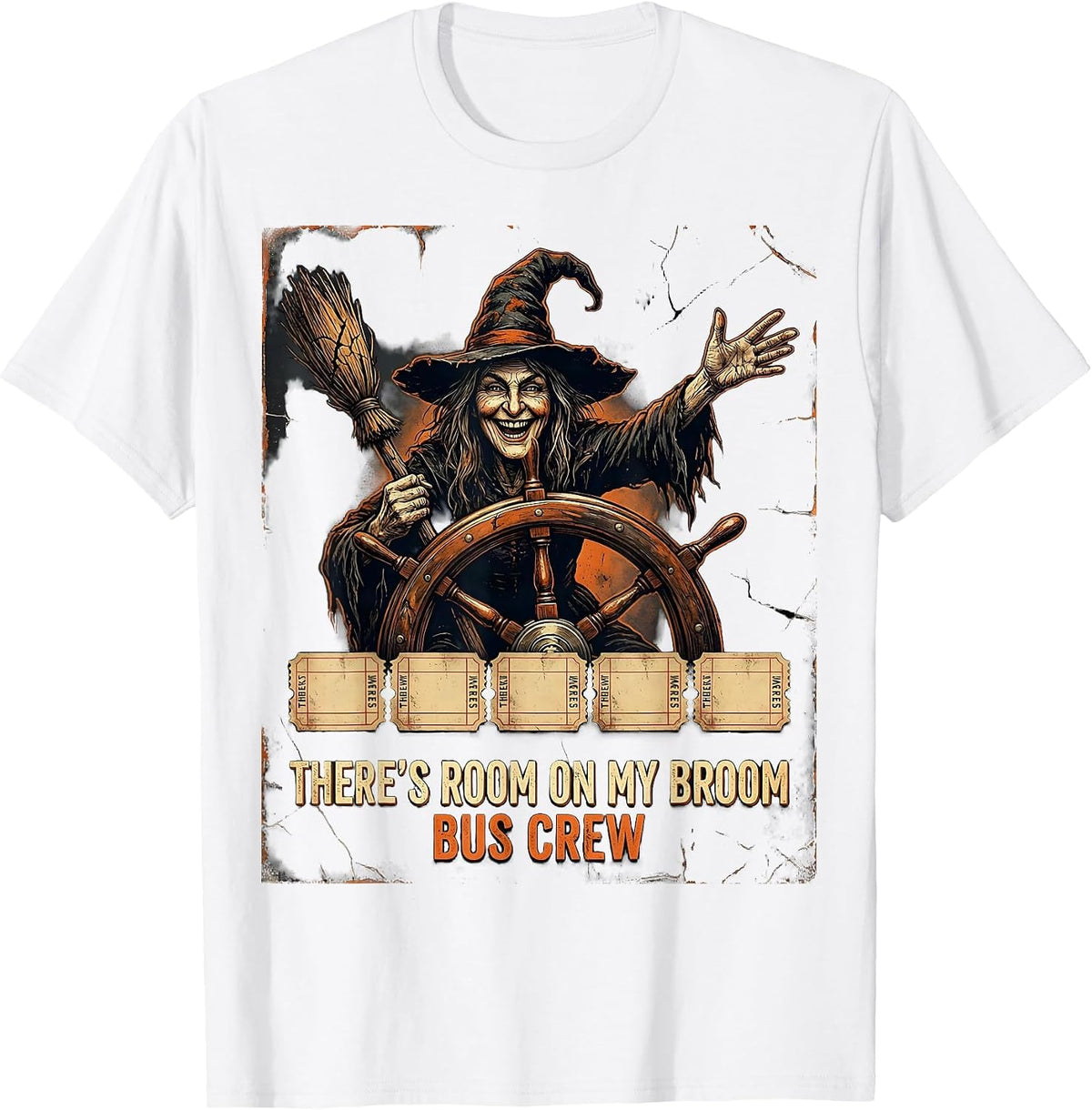 Men's There's Room On My Broom Bus Crew Distressed Halloween T-Shirt - White