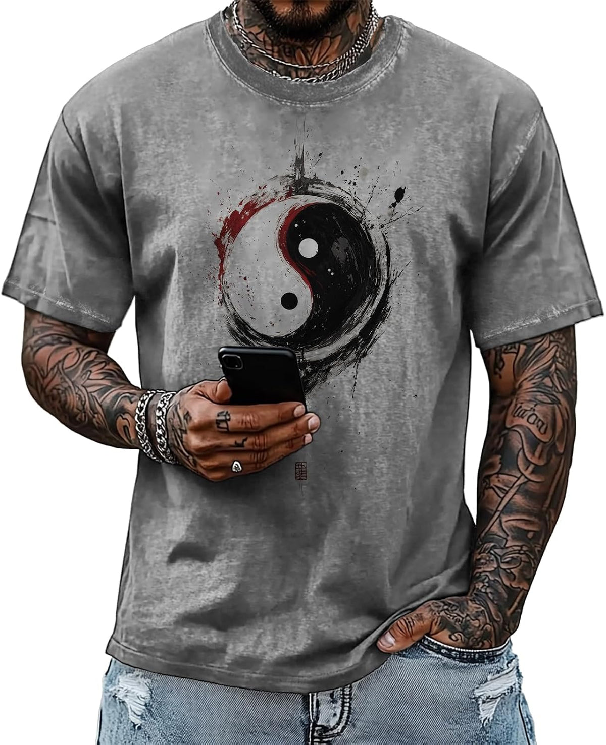 Vintage Graphic Printed T-Shirts for Men Casual Cotton Tees Comfy Streetwear Crewneck Short Sleeve Summer Tops - Grey Tai Chi
