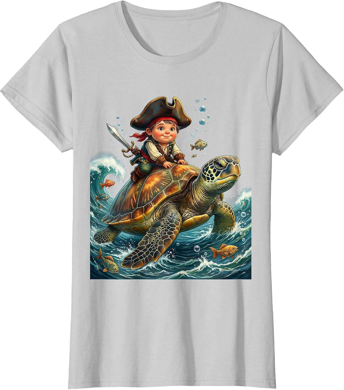 Tiny Pirate Riding a Giant Sea Turtle Kids Tee T-Shirt - Silver Grey