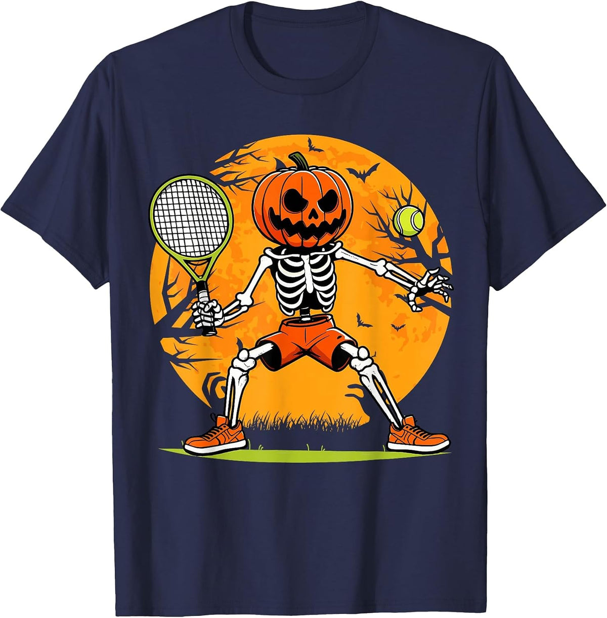 Halloween Tennis Pumpkin Head Skeleton Tennis Halloween T-Shirt - Navy Blue