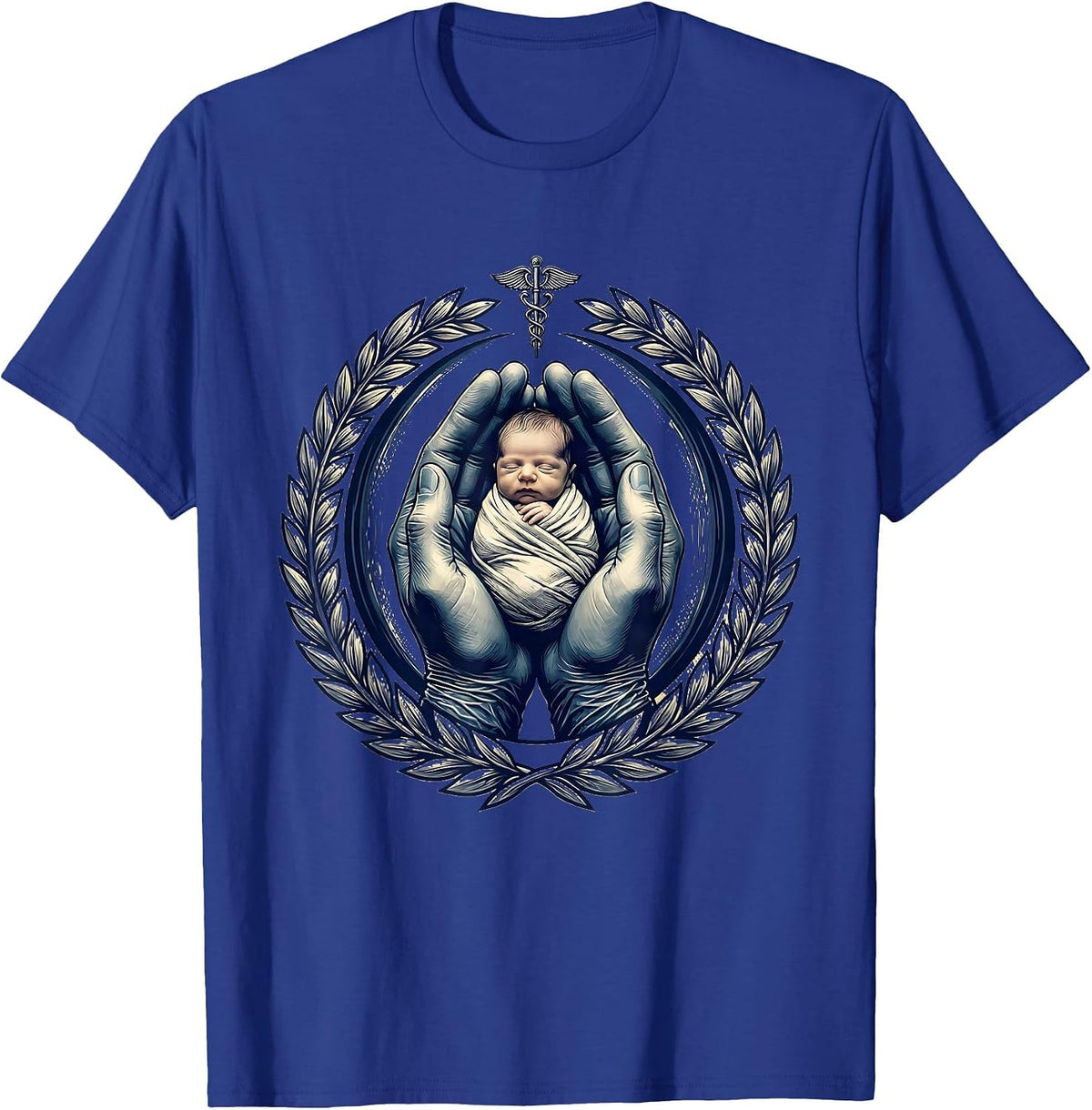 Men's Gloved Hands Cradling Newborn Nursing Graphic T-Shirt - Royal Blue