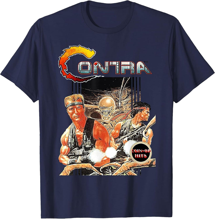 Contra Box Art Retro Arcade Gamer Classic 80s Battle Scene T-Shirt - Navy Blue