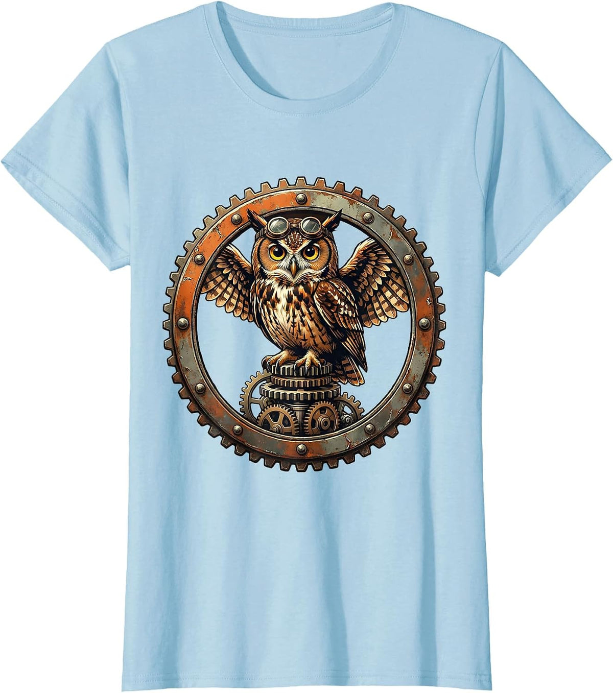 Steampunk Owl on Gear Stack Graphic Design T-Shirt - Baby Blue