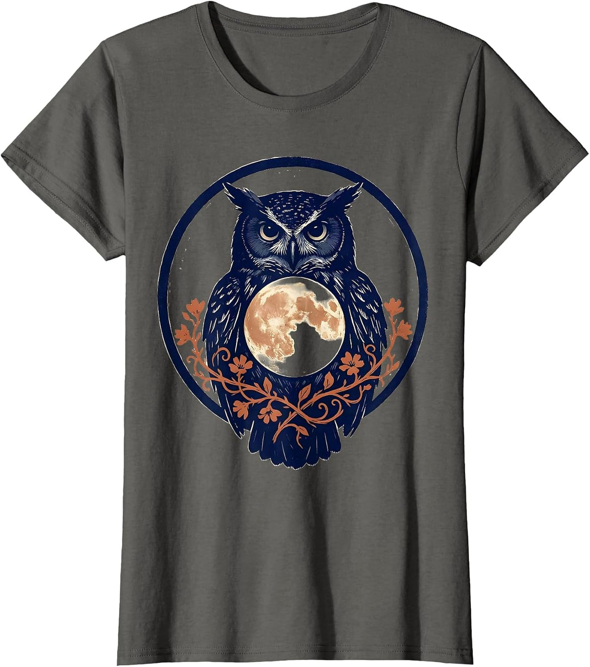 Women's Sealed Owl Moon Boho Floral Mystical Graphic T-Shirt - Asphalt Grey