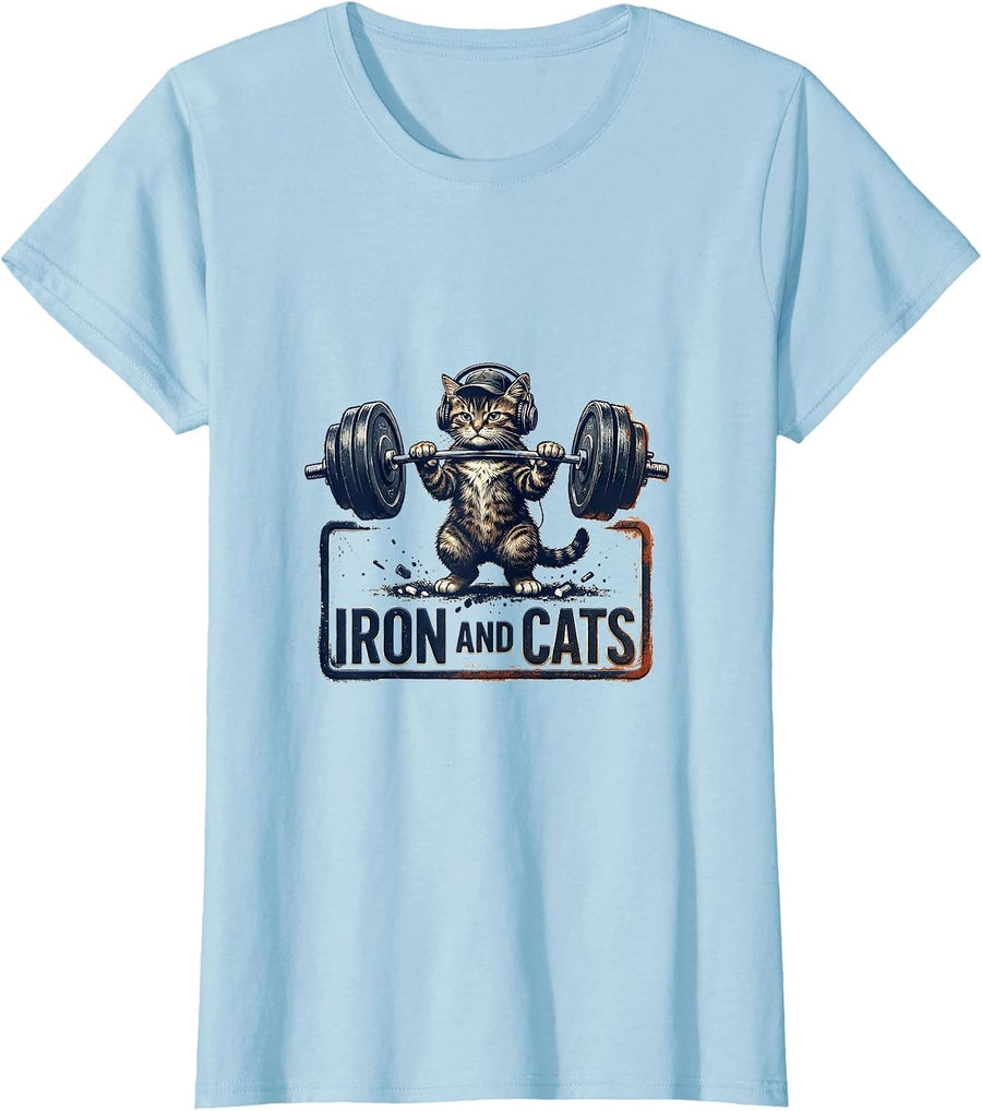 Women's Iron And Cats Rubber Stamp Funny Gym Workout Cat T-Shirt - Baby Blue