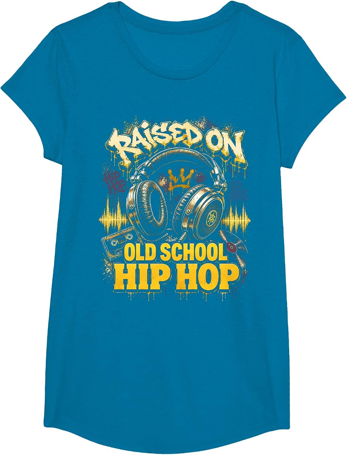 Raised On Old School Hip Hop Cassette Graffiti Rap T-Shirt, Girls, Sapphire Blue, Large - As Pictured