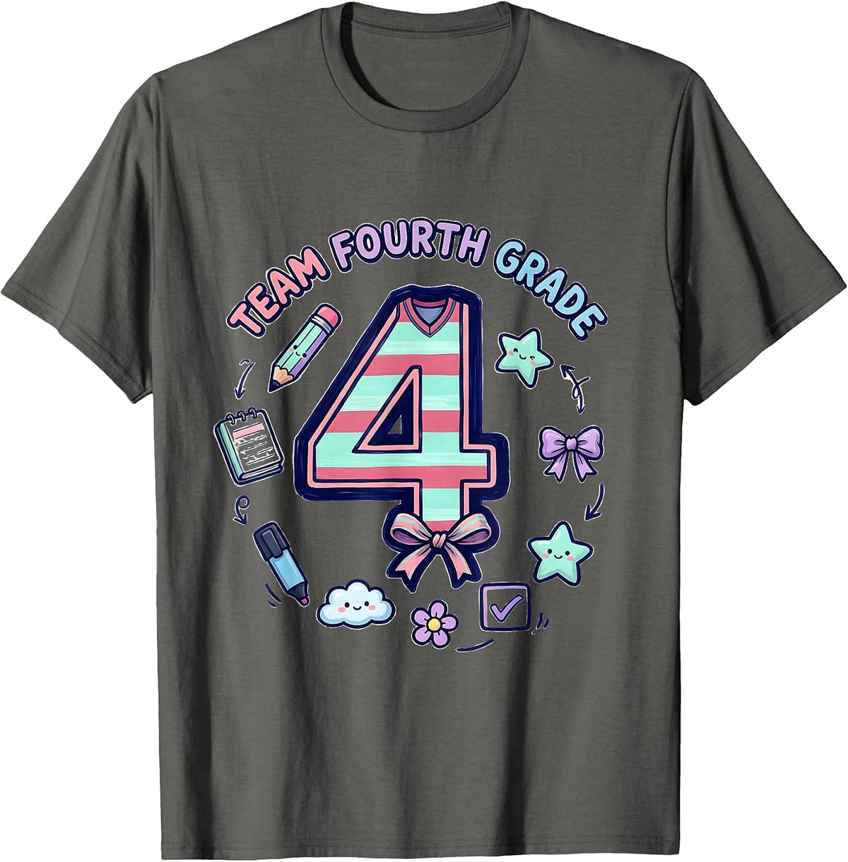 Men's Team Fourth Grade Kawaii Doodle Coquette Bow Back To School T-Shirt - Asphalt Grey