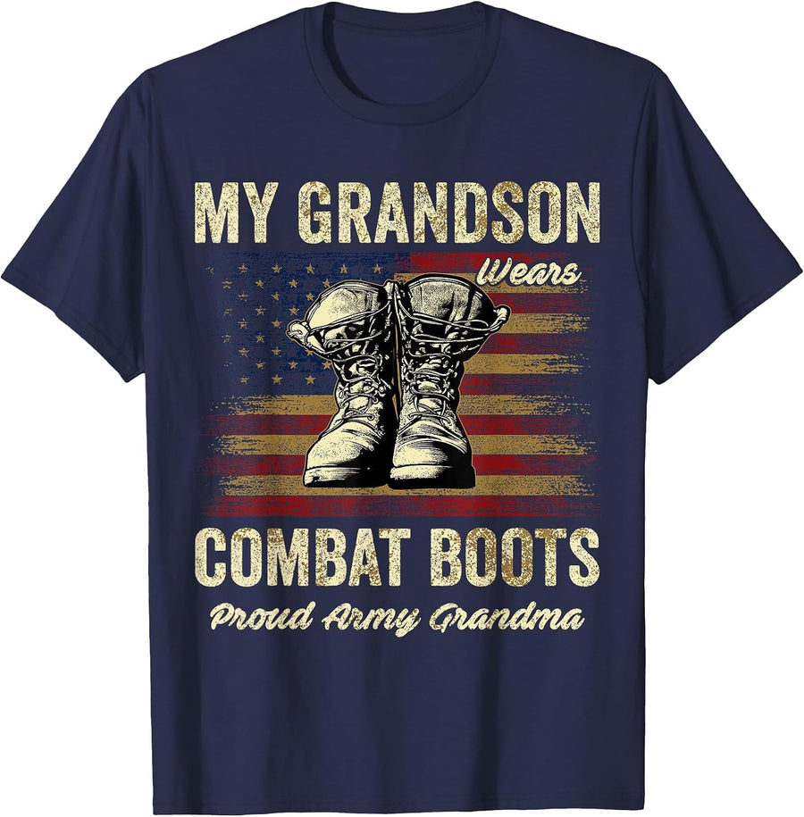 My Grandson Wears Combat Boots Proud Army Grandma Veteran T-Shirt - Navy Blue