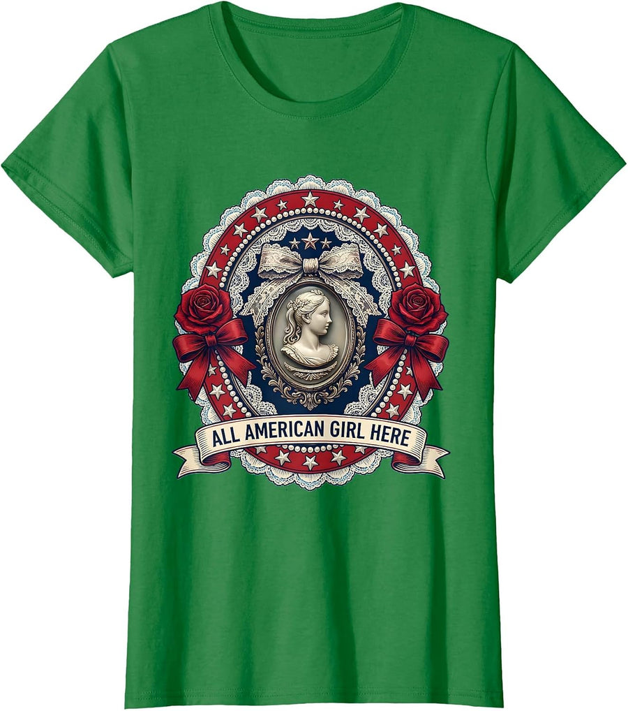 Women's All American Girl Red White and Blue Patriotic Design T-Shirt - Kelly Green