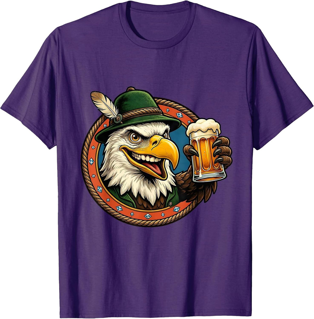 Men's Bald Eagle Bavarian Hat Beer Oktoberfest Graphic T-Shirt - Purple