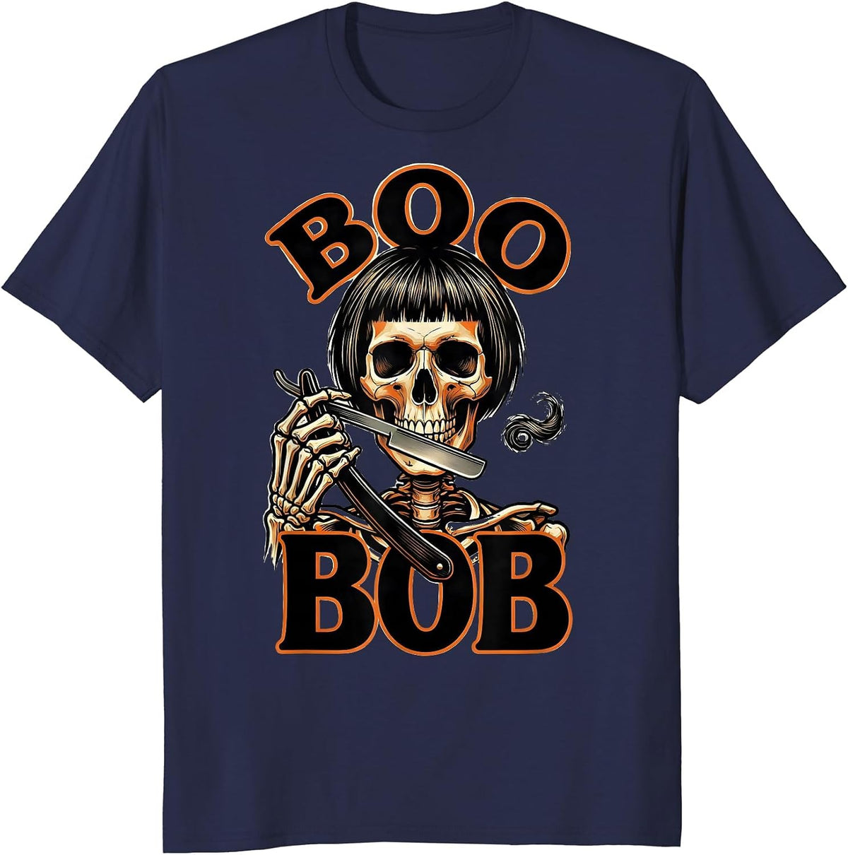 Boo Bob Tattoo Halloween Hairstylist Barber Humor Skeleton T-Shirt - Navy Blue