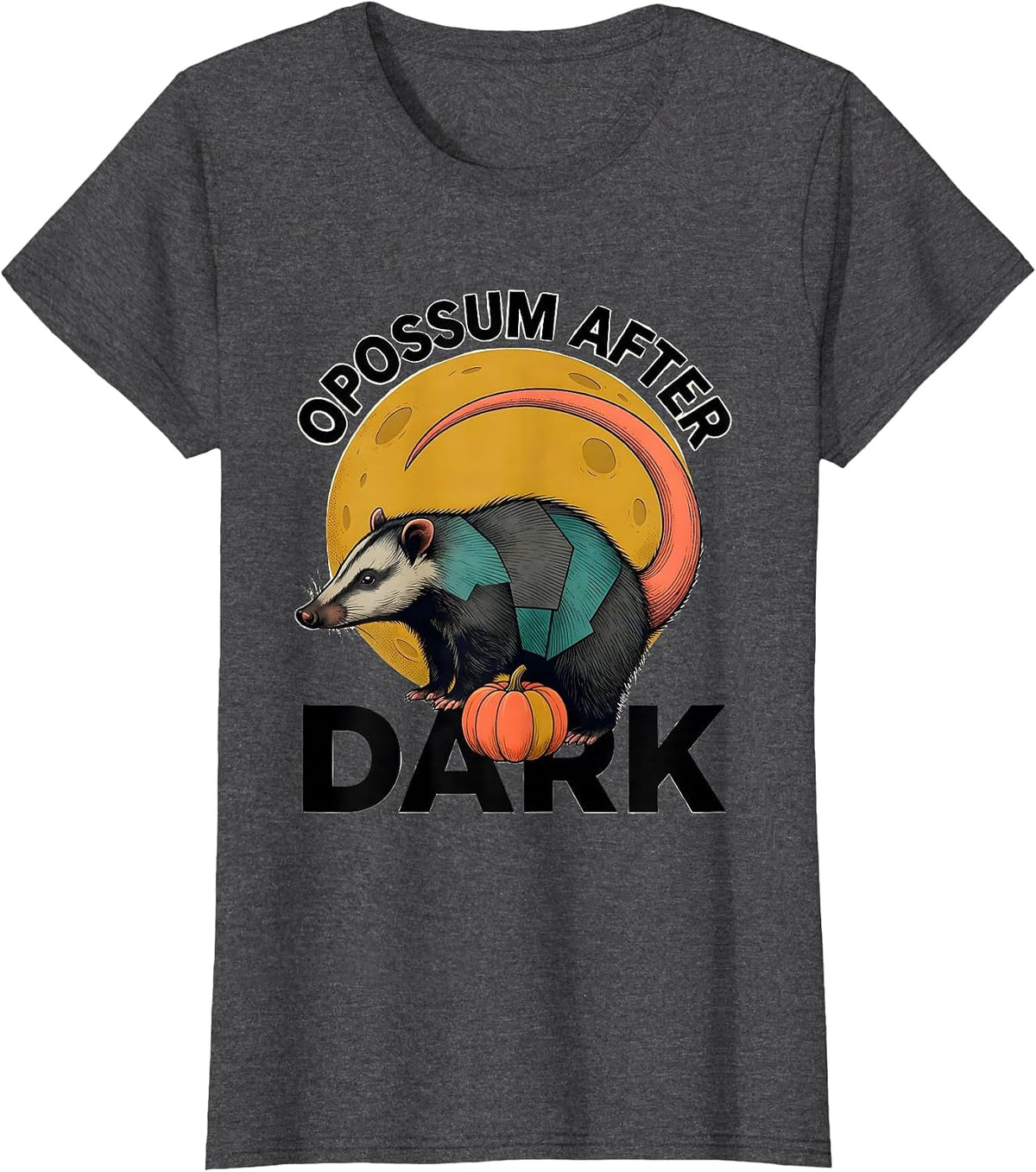 Women's Opossum After Dark Midcentury Modern Halloween Spooky Moon T-Shirt - Dark Heather Grey