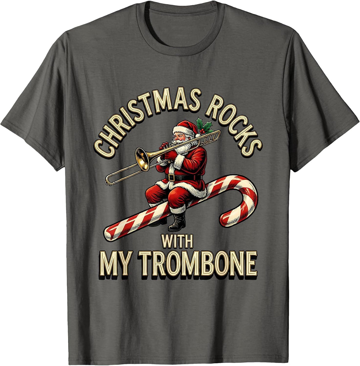 Christmas Rocks With My Trombone Funny Trombone Player T-Shirt - Asphalt Grey