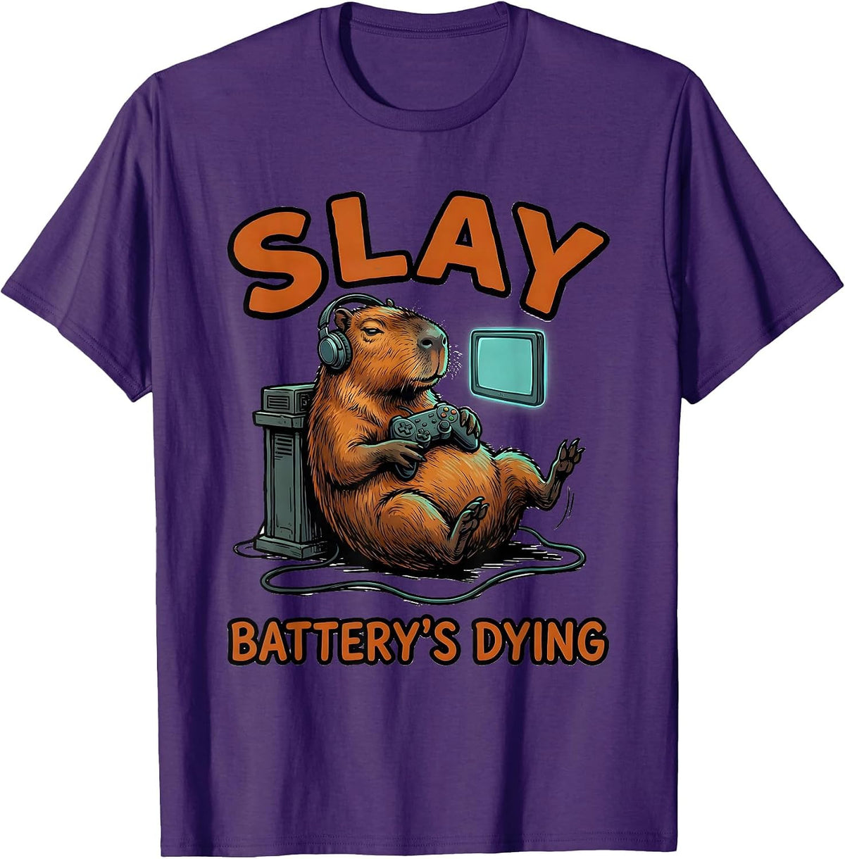 Slay Battery's Dying Funny Capybara Gamer Bruh Meme Humor T-Shirt - Purple