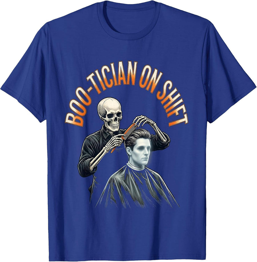 Boo-tician On Shift Funny Skeleton Hair Stylist Halloween T-Shirt - Royal Blue