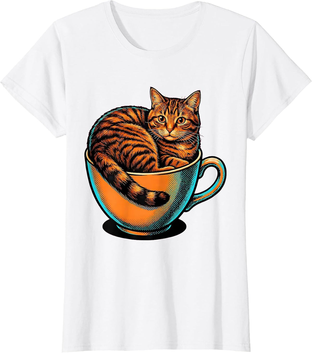 Women's Cozy Tabby Cat Curled in a Teacup Illustration T-Shirt - White