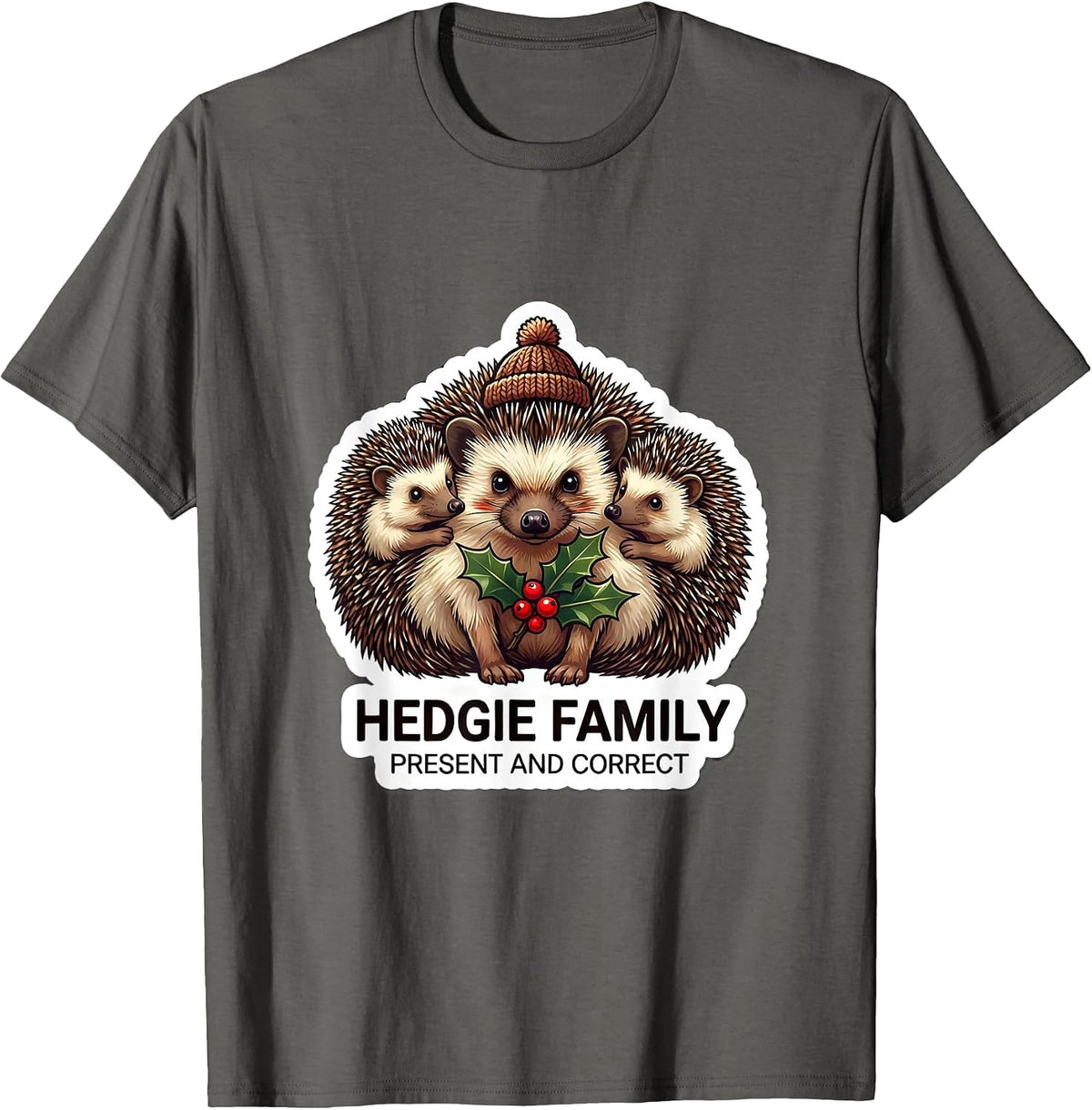 Hedgie Family Present and Correct Cute Hedgehog Christmas T-Shirt - Asphalt Grey