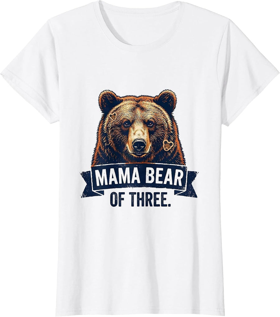 Women's MAMA BEAR OF THREE Rubber Stamp Mama Bear Family Matching T-Shirt - White