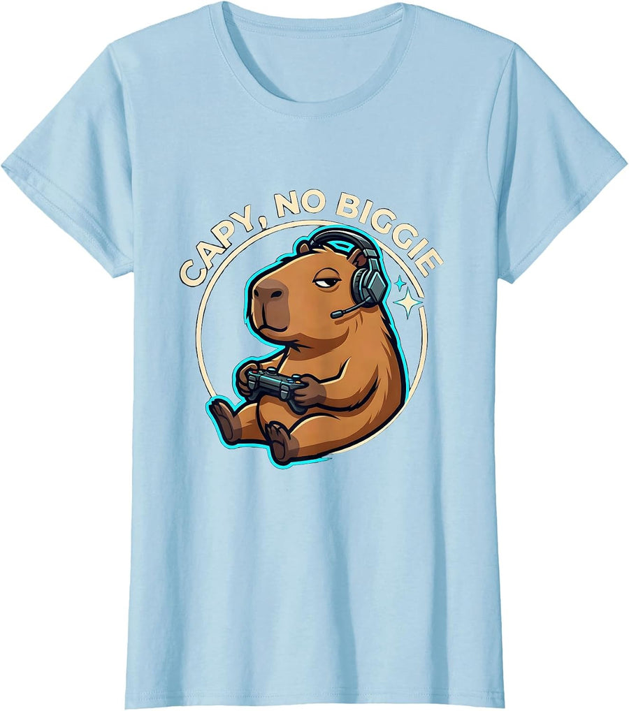 Women's Capy, No Biggie Funny Capybara Gaming Meme Youth T-Shirt - Baby Blue