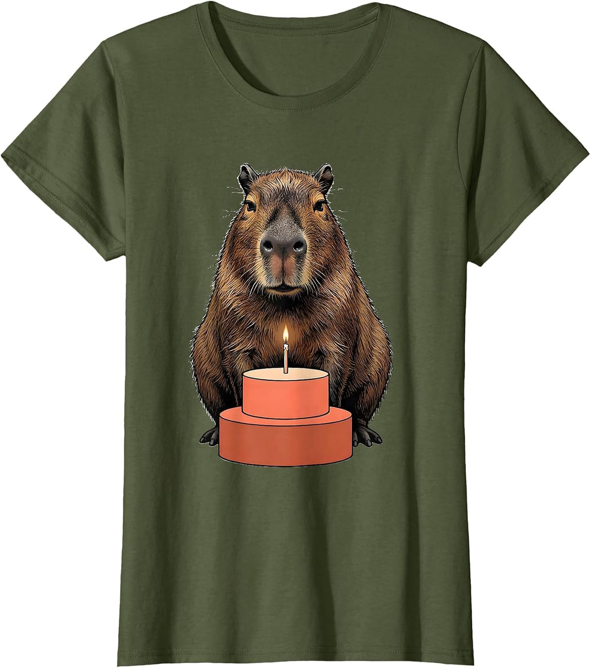 Women's Large Capybara Seated on Cake Birthday Novelty Humor T-Shirt - Olive Green