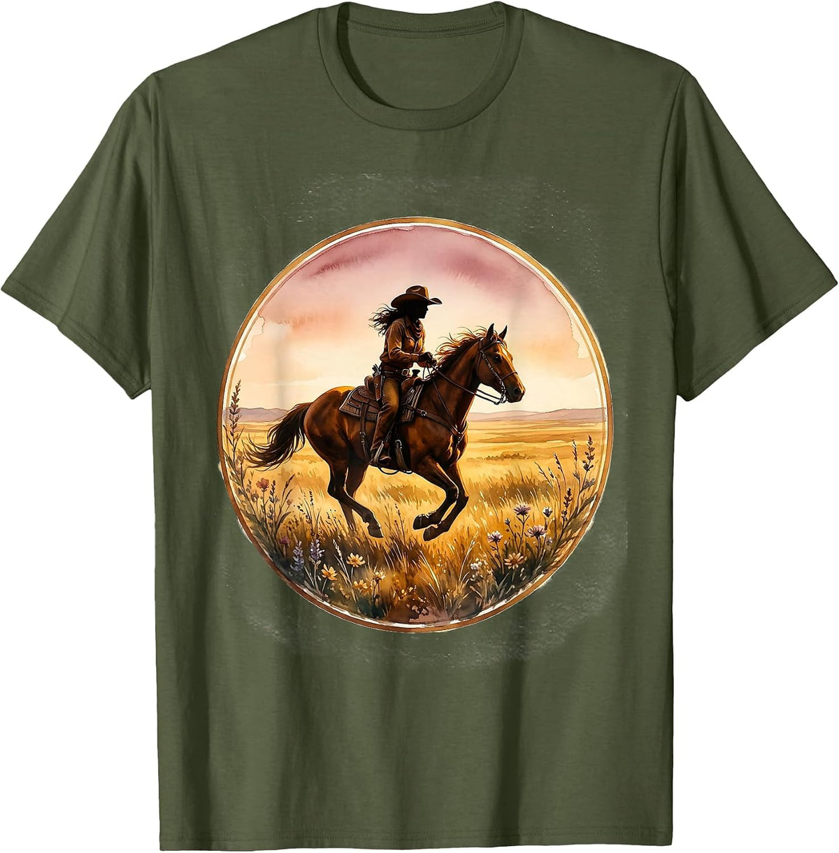 Cowgirl Riding Horse Golden Grassland Texas T-Shirt - Olive Green