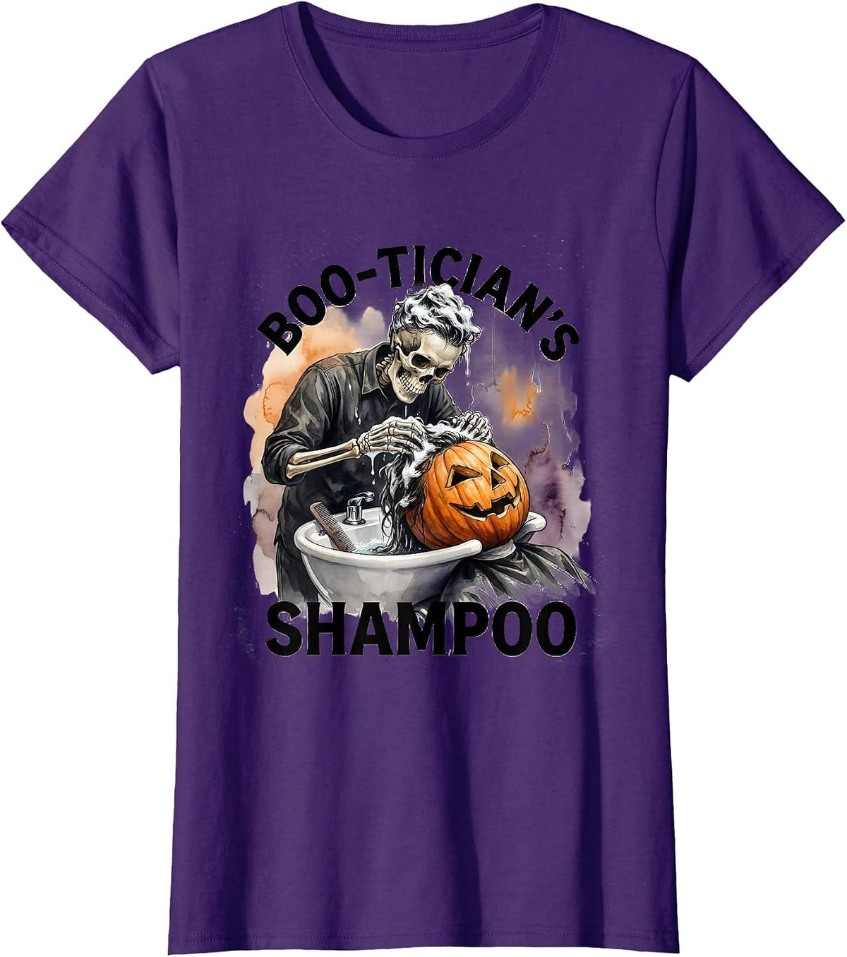 Women's Boo-tician's Shampoo Watercolor Skeleton Hairdresser T-Shirt - Purple