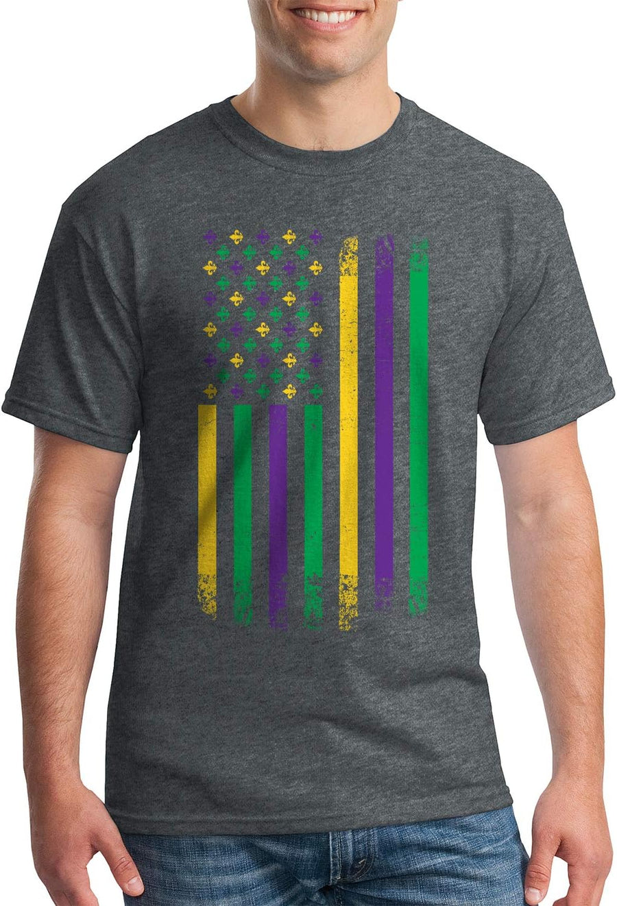 Threadrock Men's Mardi Gras American Flag T-Shirt - Dark Heather