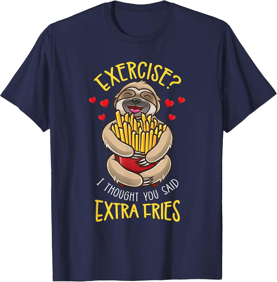 Exercise I Thought You Said Extra Fries Sloth T-Shirt - Navy Blue