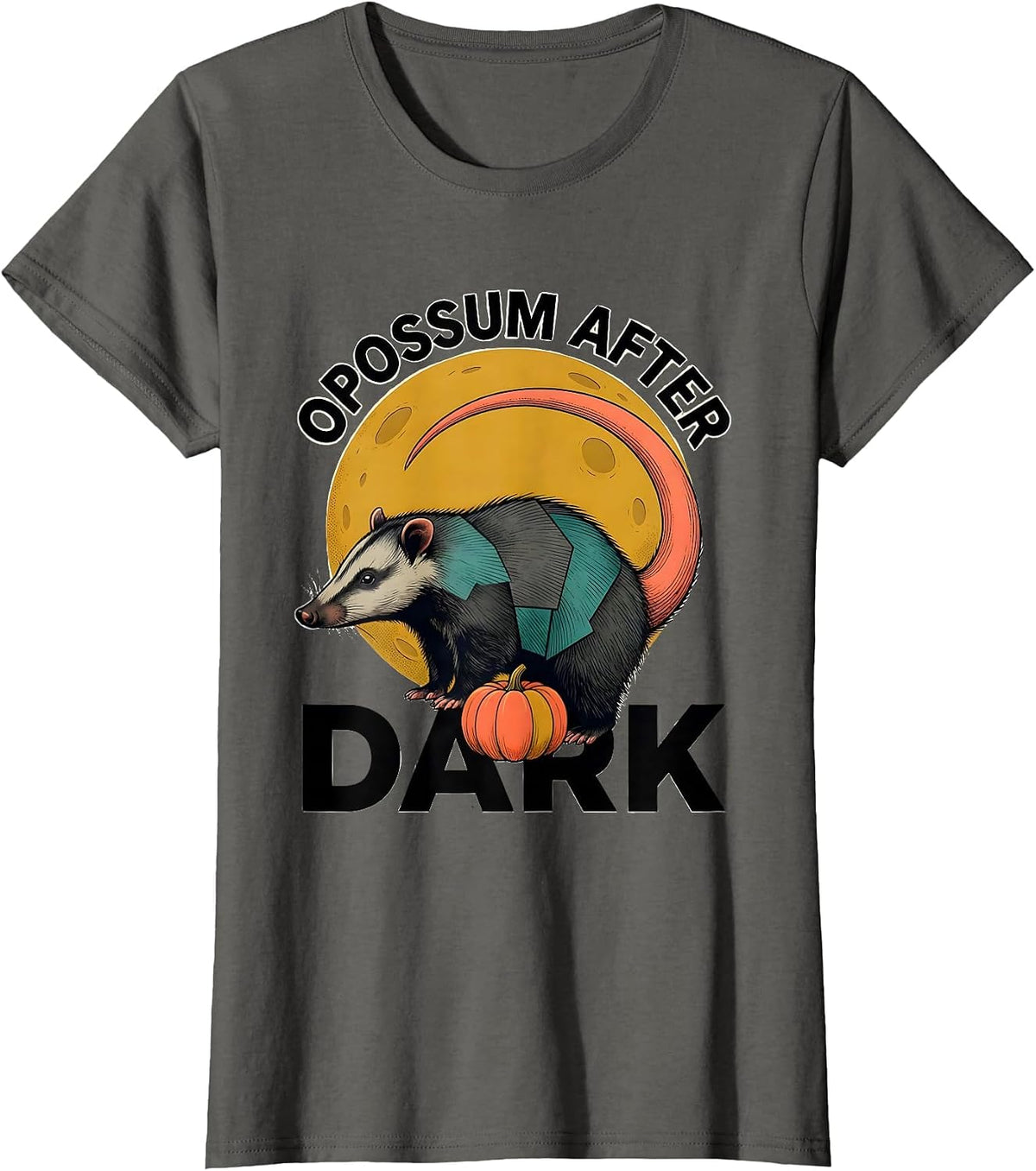 Women's Opossum After Dark Midcentury Modern Halloween Spooky Moon T-Shirt - Asphalt Grey
