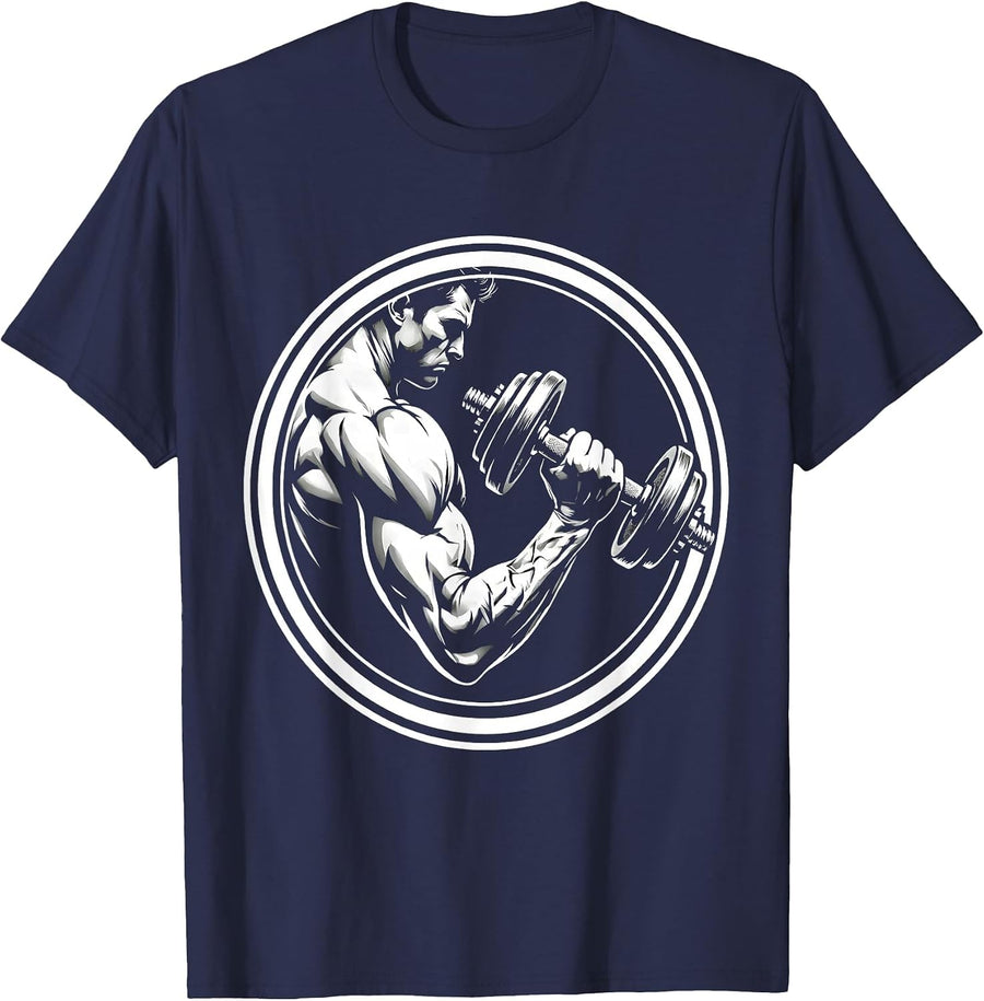Dumbbell Curl Gym Workout Graphic Design T-Shirt - Navy Blue
