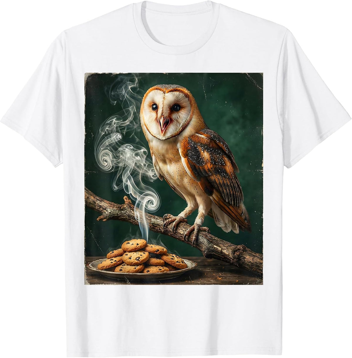 Men's Owl Sniffing Cookie Smoke Funny Halloween Graphic T-Shirt - White