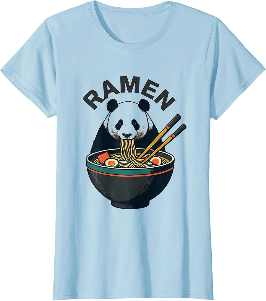 Women's Ramen Cute Panda Eating Kawaii Anime Animal Humor T-Shirt - Baby Blue