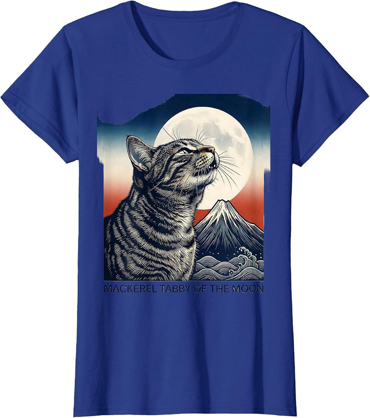 Women's Mackerel Tabby Of The Moon Ukiyo-e Retro Cat Owner T-Shirt - Royal Blue