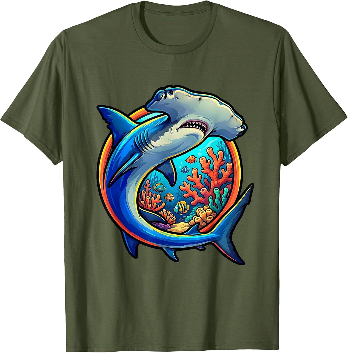 Men's Hammerhead Shark Circling Coral Reef Design T-Shirt - Olive Green
