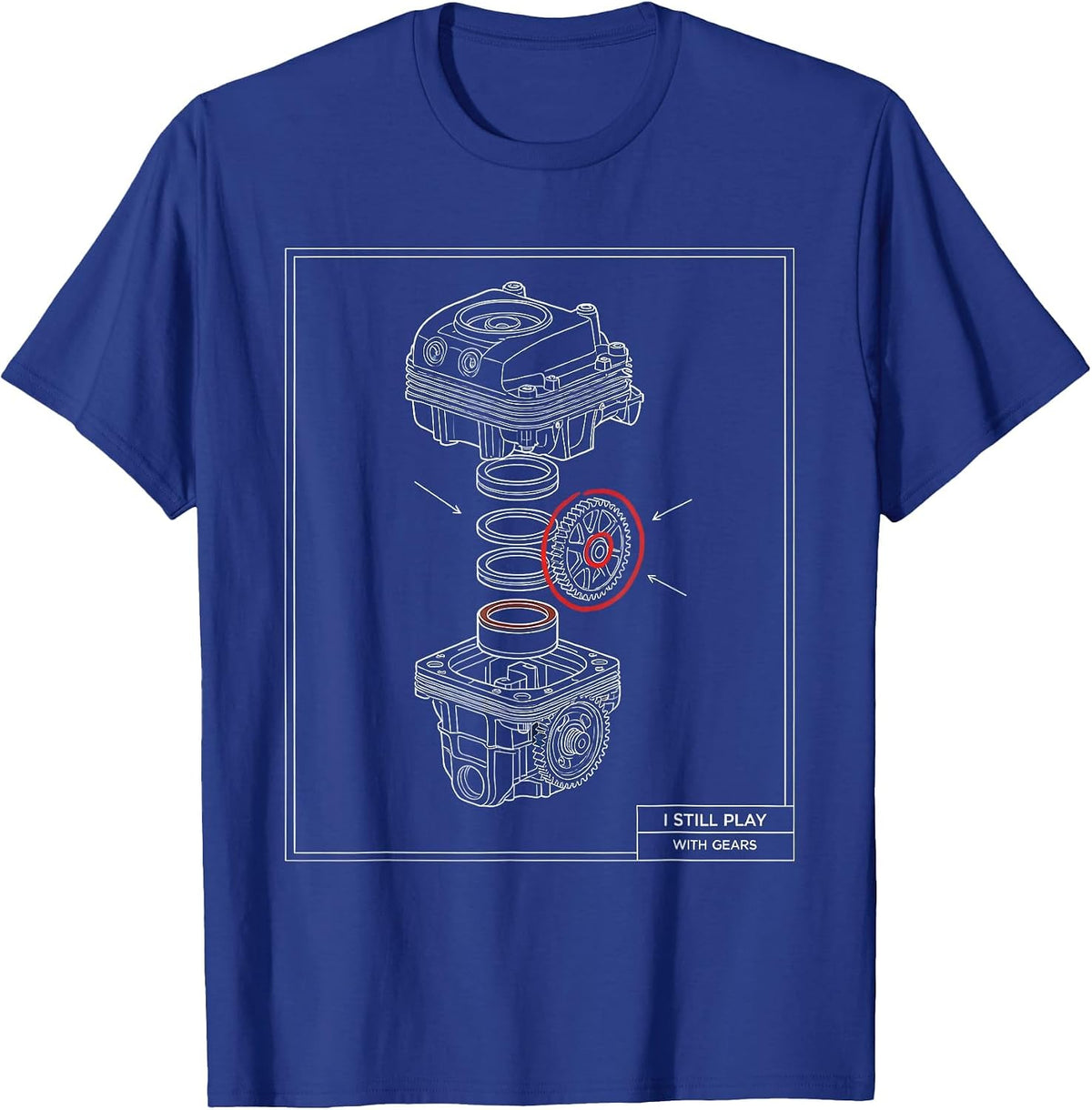 Men's I Still Play With Gears Technical Blueprint Mechanic Engine T-Shirt - Royal Blue