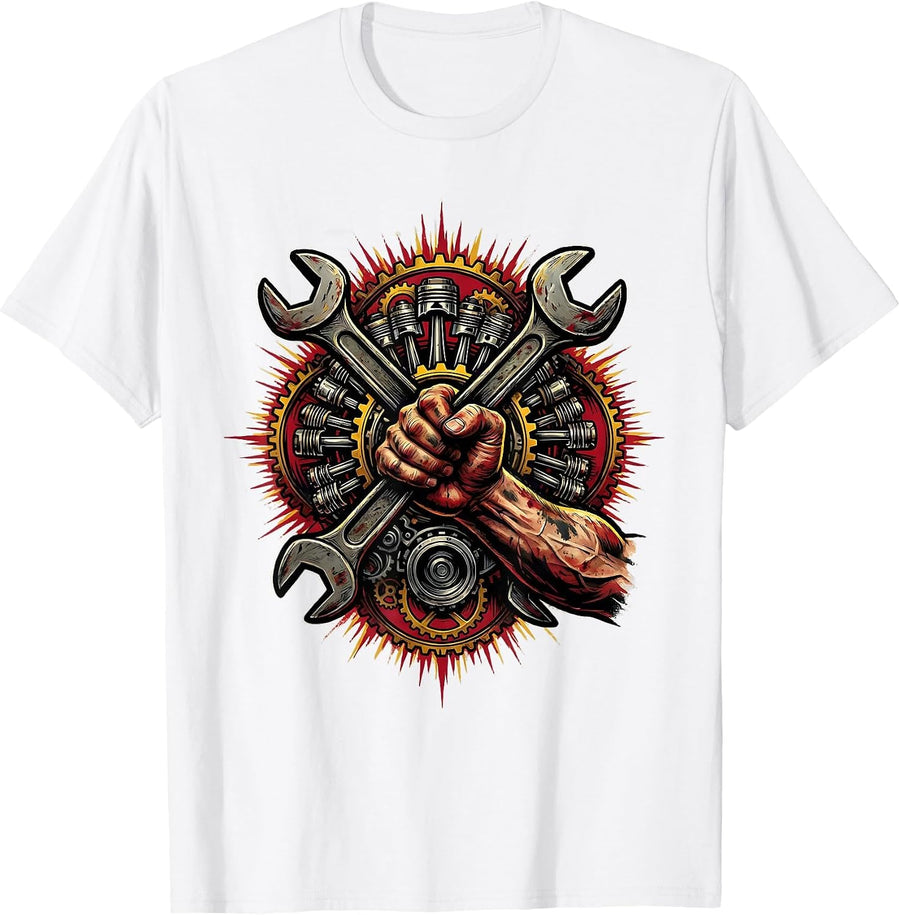 Men's Mechanic Peering Under Car Hood Illustration T-Shirt - White