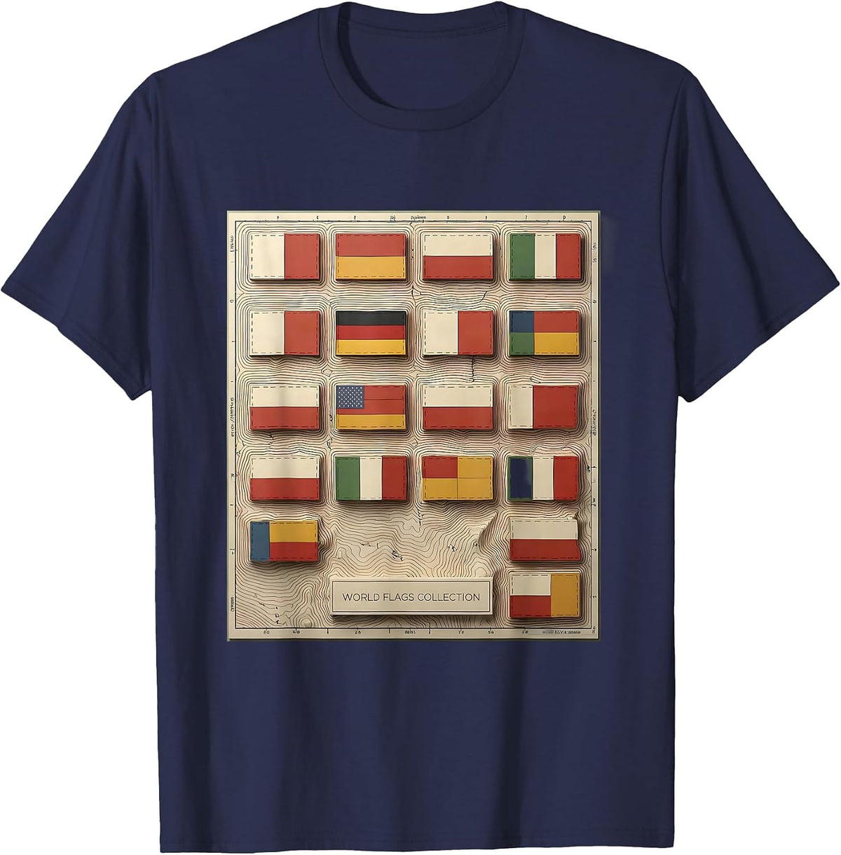 World Flags Collection Topographic Contour Geography Lover T-Shirt - Navy Blue