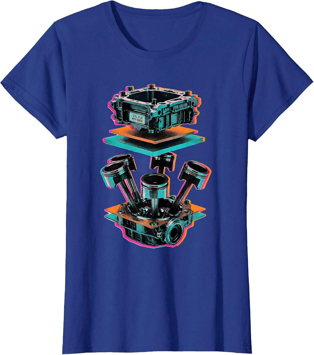 Women's I Still Play With Rings Risograph Mechanic Engine Block T-Shirt - Royal Blue