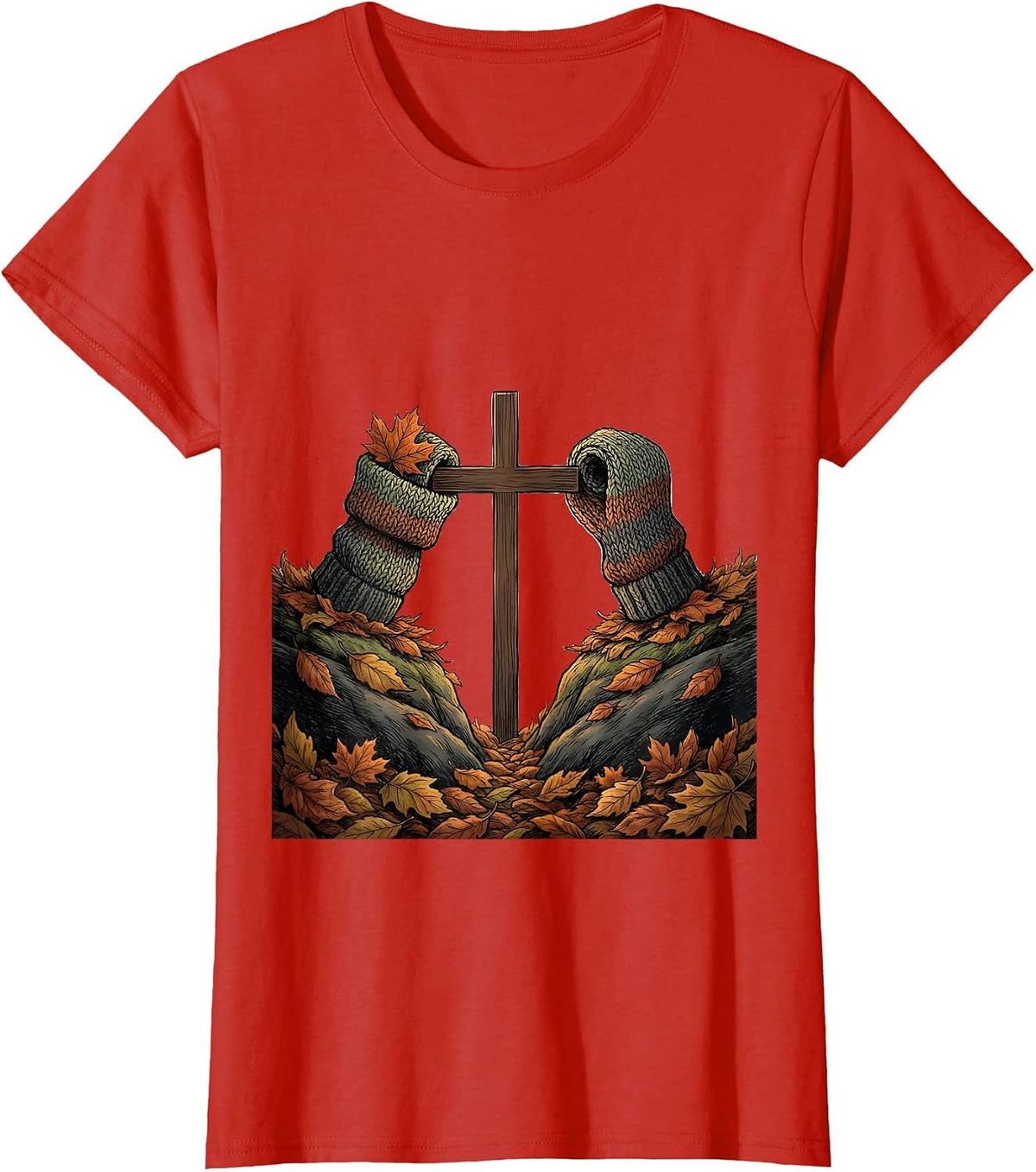 Rolled Knit Cuff Maple Leaf Faith Cozy Fall Autumn T-Shirt - Red