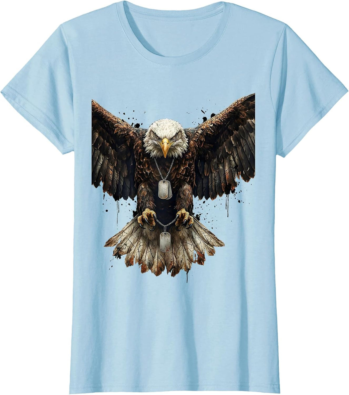 Eagle Clutching Dog Tags Patriotic Graphic T-Shirt - Baby Blue