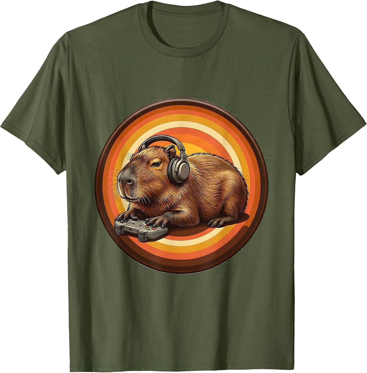 Capybara Gamer Retro 70s Meme Humor T-Shirt - Olive Green
