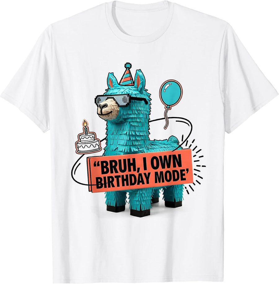 Men's Bruh I Own Birthday Mode Funny Llama Pinata Gamer Birthday T-Shirt - White