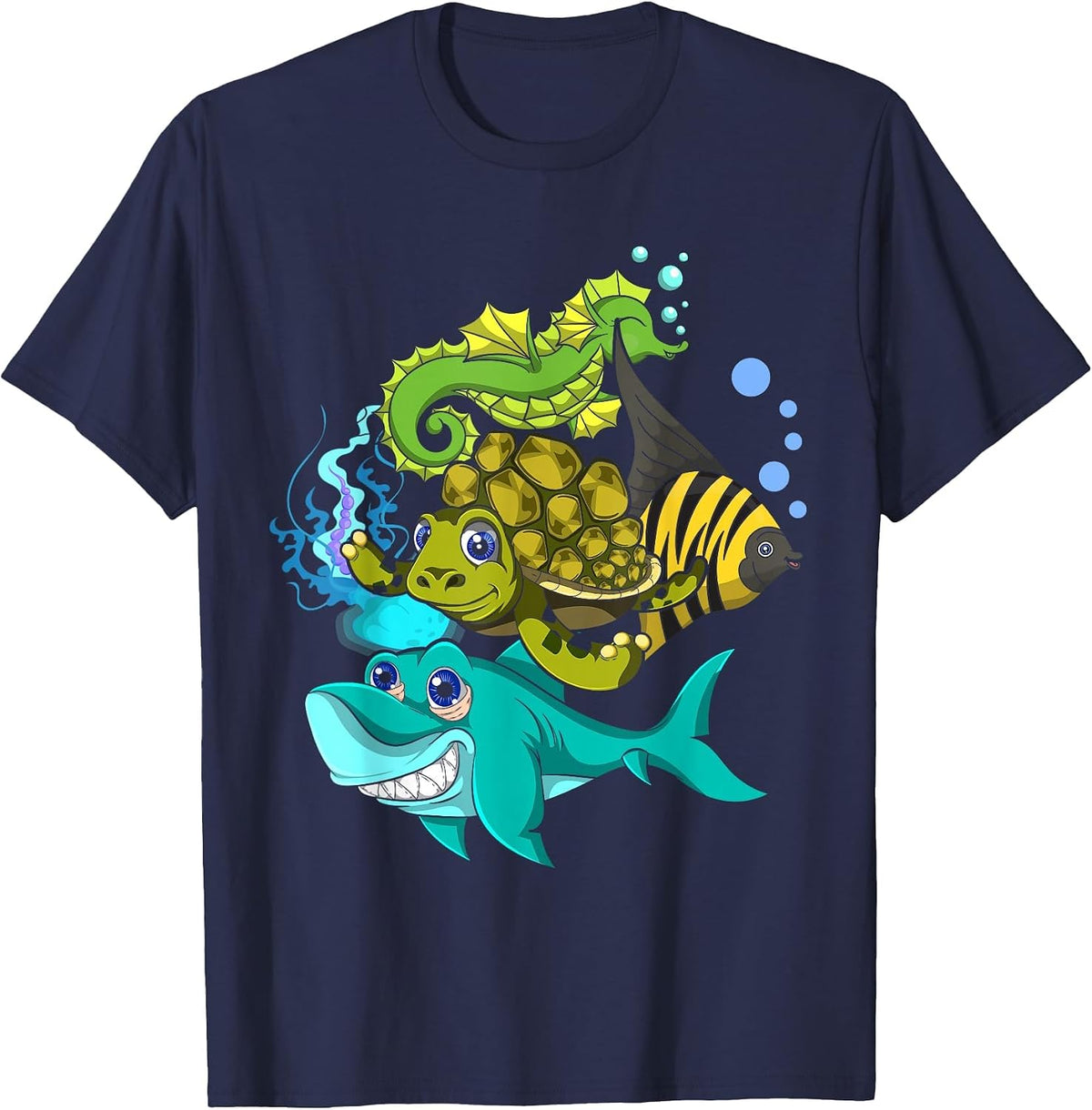 Seahorse Turtle Shark Funny Ocean Animal Squad Kids Animal T-Shirt - Navy Blue