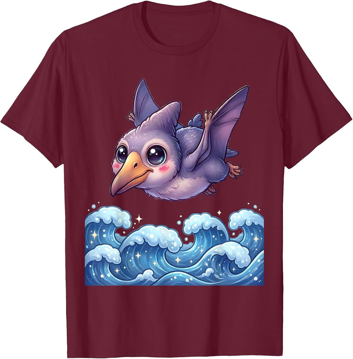 Men's Pterodactyl Diving Over Ocean Waves Dinosaur T-Shirt - Burgundy