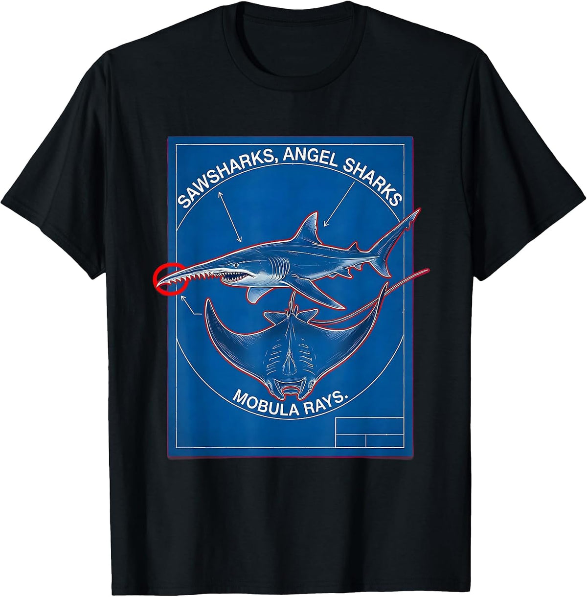 Men's Sawsharks, Angel Sharks, Mobula Rays Technical Blueprint T-Shirt - Black